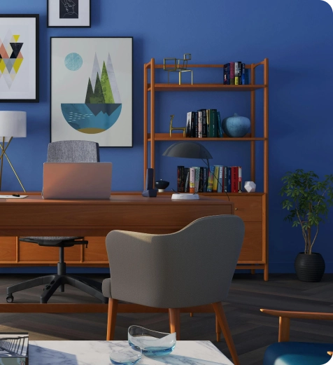 Escritório com uma mesa, 2 cadeiras, 3 quadros, uma estante com livros
